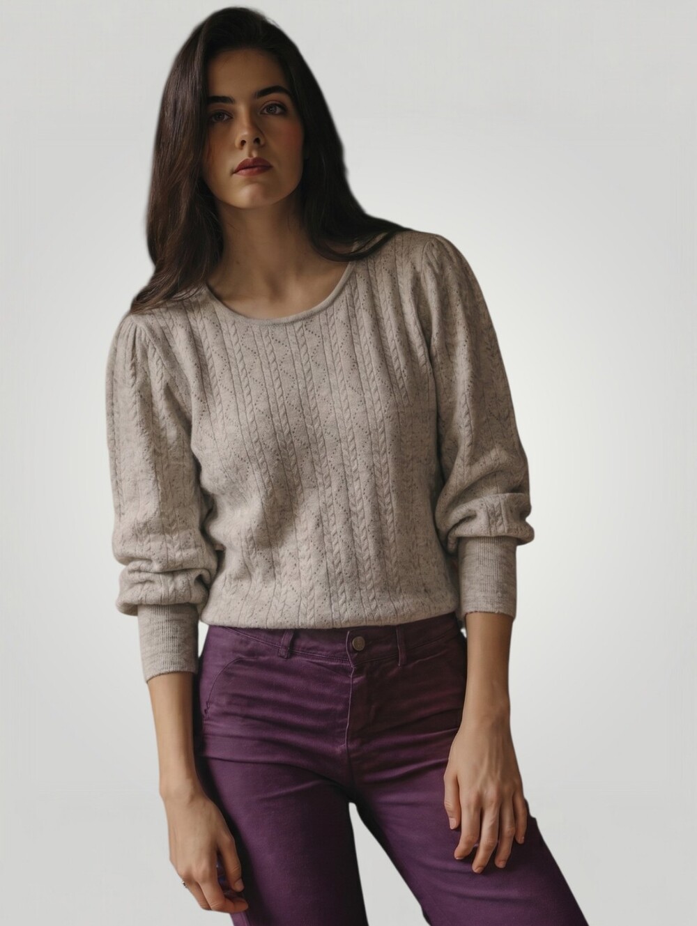 Adrianna Papell Cable‎ Knit Pointelle Sweater Large Oatmeal Coastal Grandmother